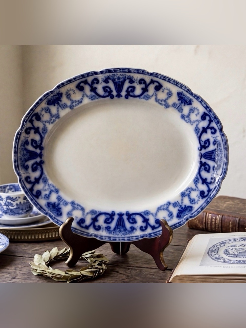 Antique W H GRINDLEY Denton Flow Blue Platter England 1800s Scalloped Edge
